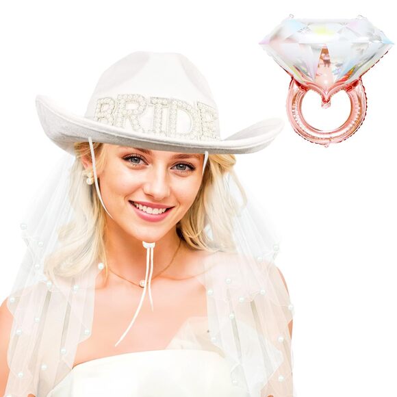 White Cowgirl Hat with Veil and Diamond Ring Balloon, 2 Piece Bridal Set Ivory or White Cowgirl Hat and Veil-cowgirl Hat-western  main image 2